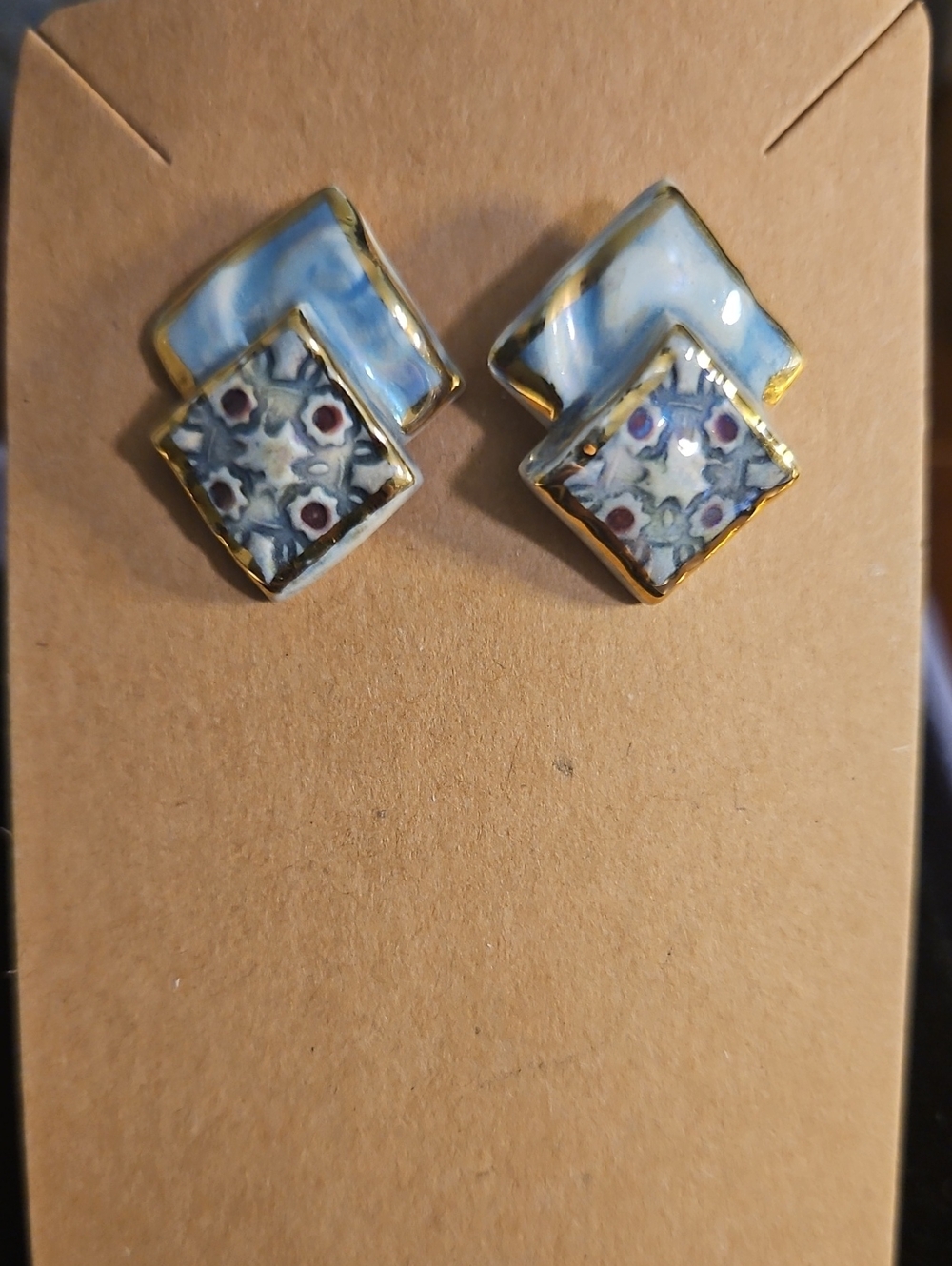Gold-Trim Blue Patterned Ceramic Stud Earrings